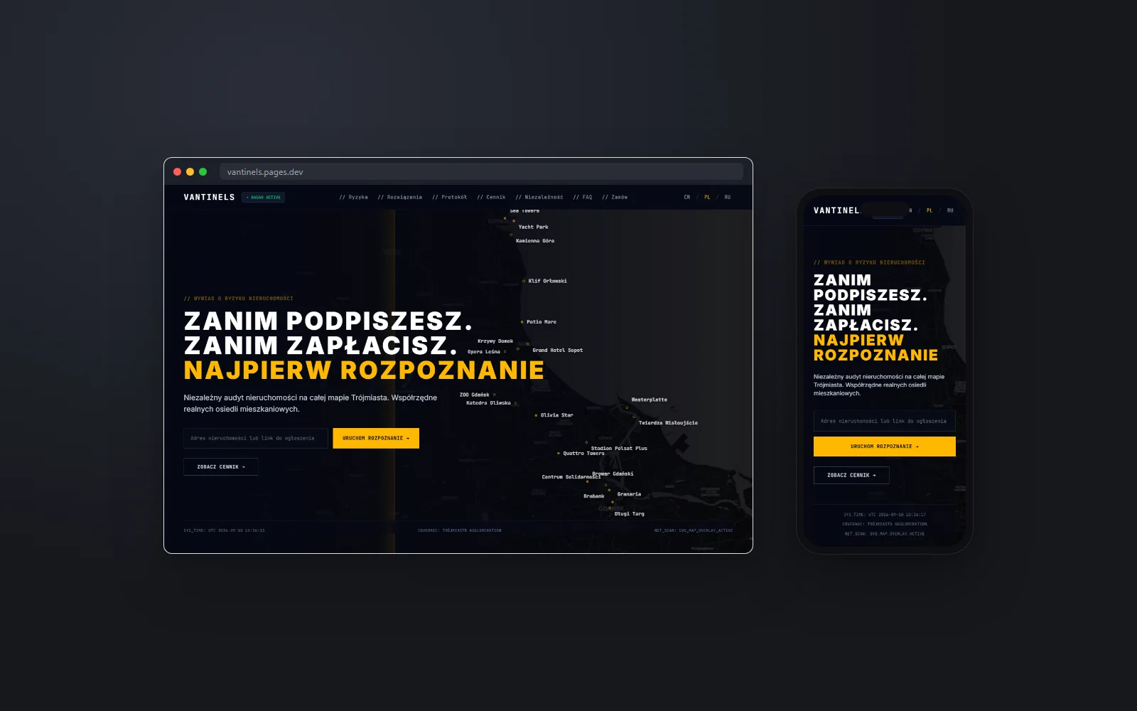 Strona vantinels.pages.dev w wersji desktopowej i mobilnej